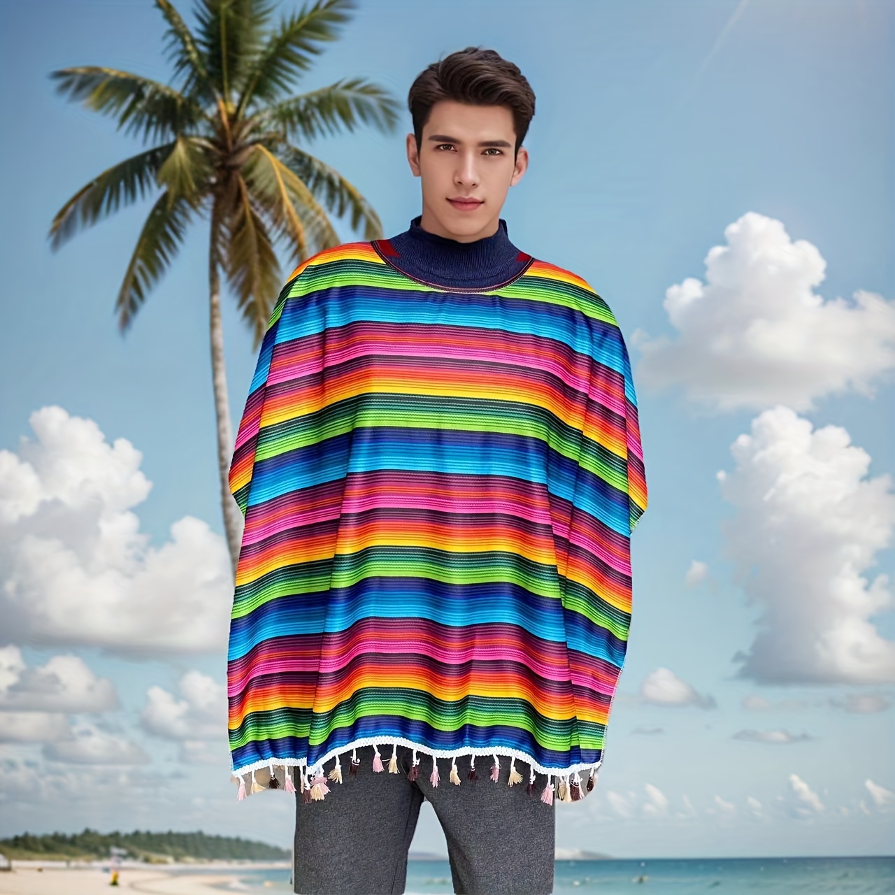 E-shop Halloween Mexikanischer Serape Gestreifter Ethnische Stil Umhang Cosplay Feiertags Bühnenperformance Kostüm Neues Unisex