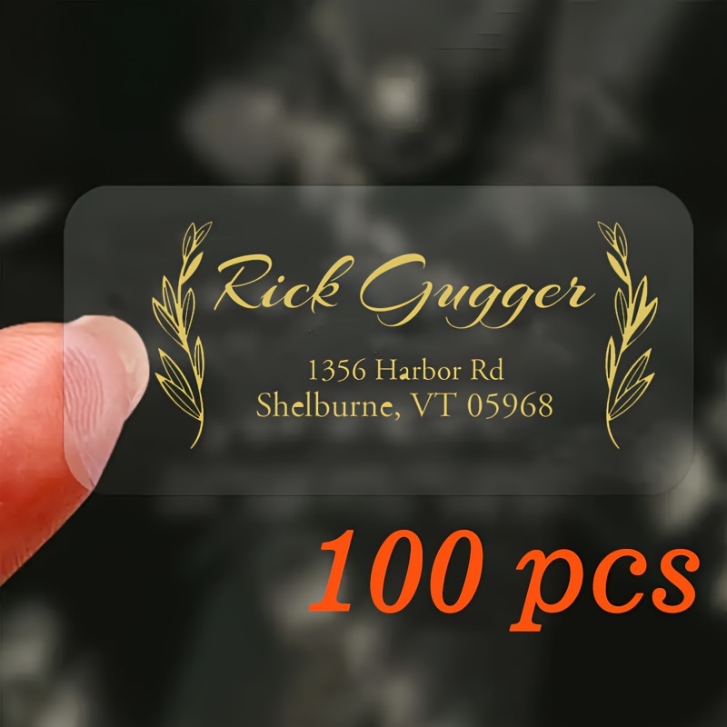 

100pcs Rick Gugger Custom Golden Rectangular Vinyl Labels - , Self-adhesive Address Stickers With Wreath Design For Weddings & More, Transparent Theme