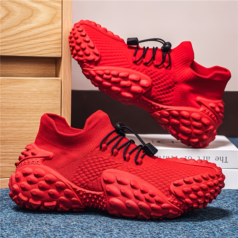 Sand-colored Knitted Mesh Outdoor Shoes with Particle Detailing, Low-Top Thick-Soled Dad Sneakers, Slip-On with Drawstring, Casual Breathable Athletic Running Shoes, Plus Size Men's Shoes
