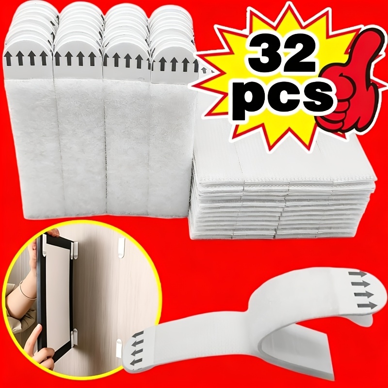 TEMU 32pcs No-drill Picture Hanging Strips Suitable For Photos, Frames, Shelves - Adhesive Removable Hooks With -free Removal, Self-stick Wall Hooks