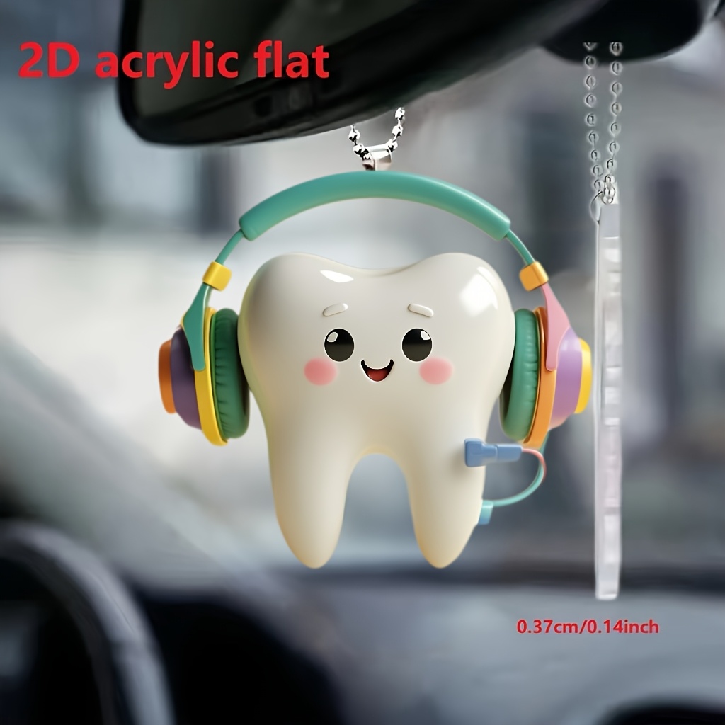 

1pc Acrylic Tooth With Headphones Pendant - 2d Charm For Car Mirror, Home Decor, Keychain & Party Favors