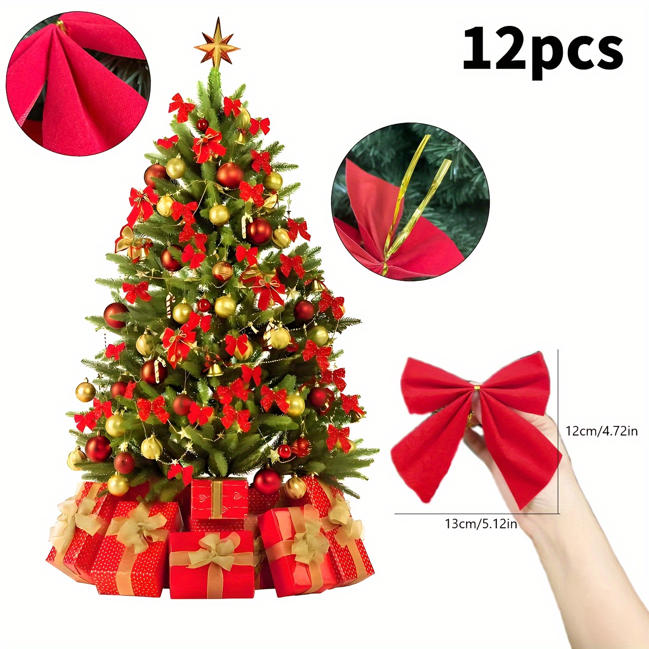 

12pcs Christmas Tree Bows, Bow Decorations, Plastic, No Or Batteries , Featherless, For