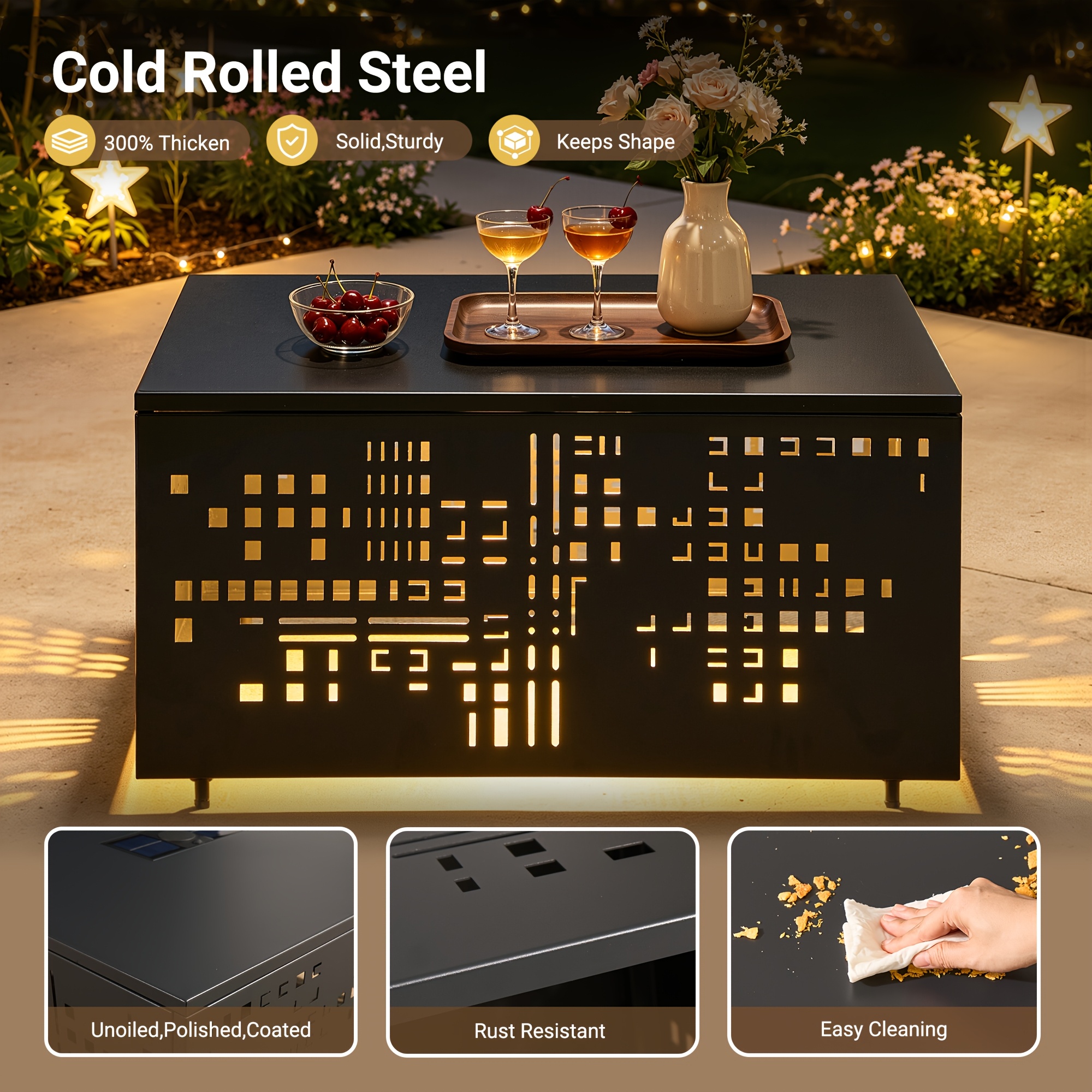 Only One Outdoor Metal Coffee Table with Lights And An Umbrella Pole Hole, Black Or Gray Two Table Color Options, A Coffee Table Suitable for Pairing with Outdoor Patio Furniture, Easy to Assemble