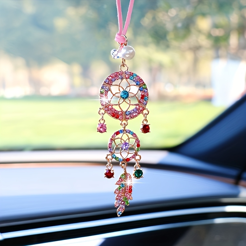 TEMU Sparkling Car Charm - Elegant Rearview Mirror Accessory With Pearl And , Exquisite Car Interior Decoration, Decorative Pendant | Elegant