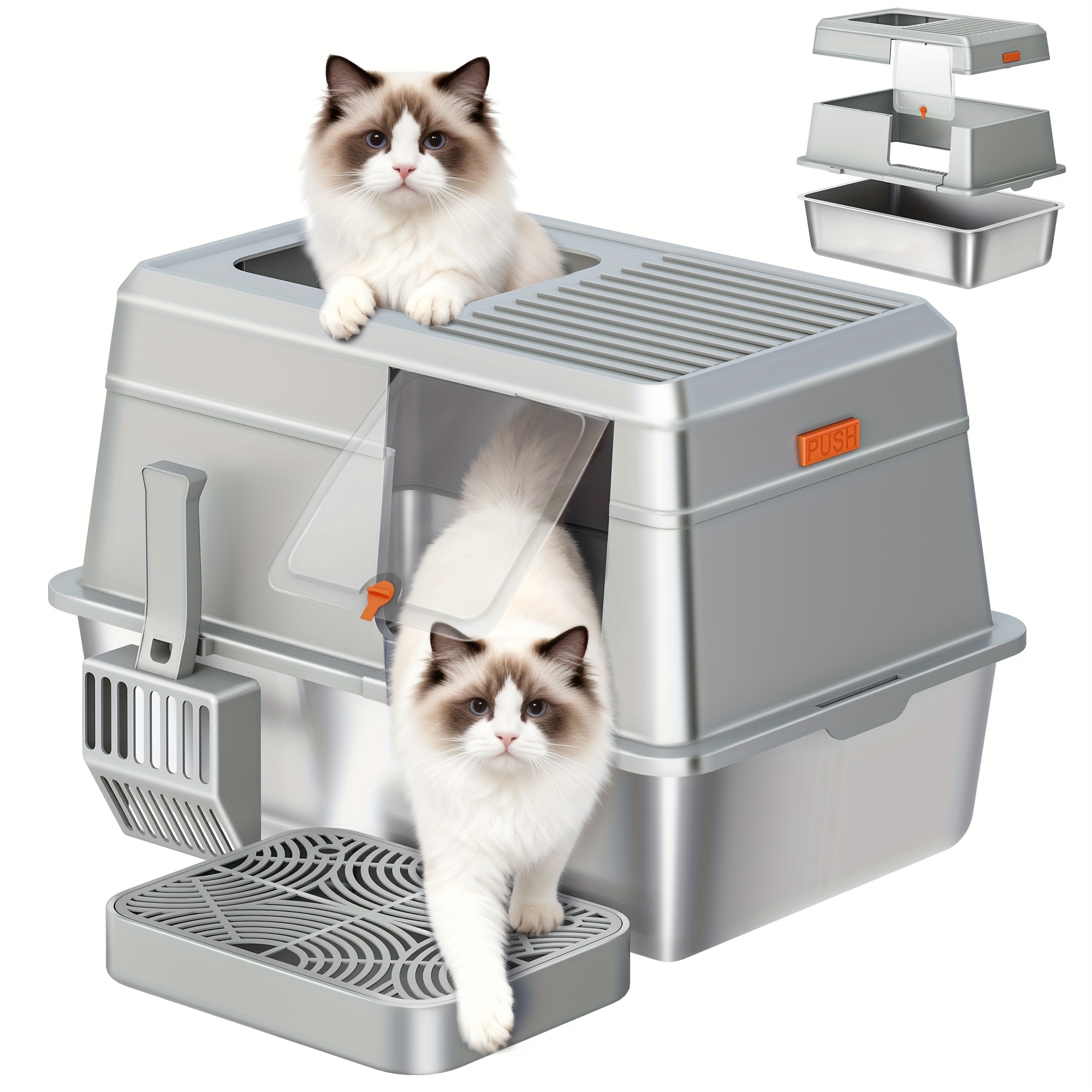 Stainless Steel Cat Litter Tray, Xl Litter Box, Easy Clean, With And Scoop, 60l X 40w X 38h Cm, Without Battery