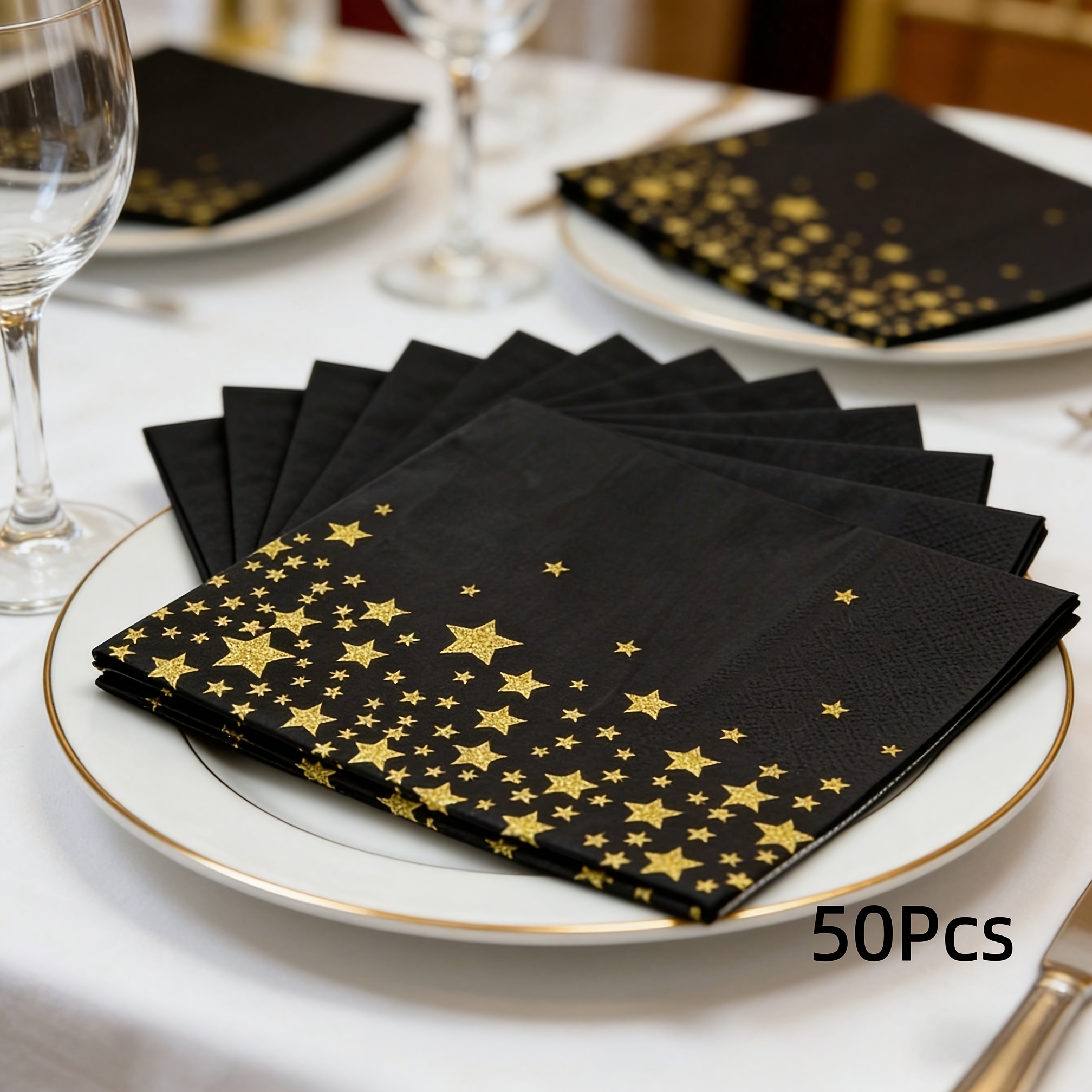 TEMU Lot de 10/30/50 Serviettes Étoilées Noires et Dorées pour Anniversaires, , Remises de Diplômes - Serviettes en Papier Jetables Élégantes à