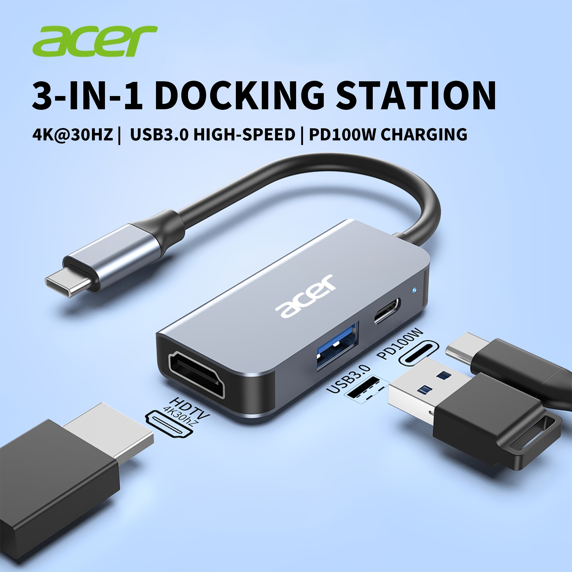 TEMU Acer 3-в-1 USB-C док-станція, адаптер HDTV до USB-C 4K@, даних USB 3.0 5Gbps, швидка зарядка PD 100W, конвертер USB-C до USB-A для MacBook