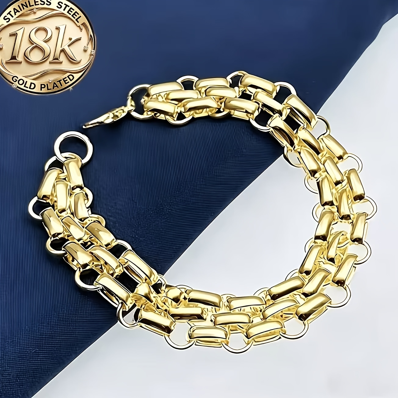 TEMU 1 pieza de pulsera de cadena de lujo de tres hileras con eslabones cuadrados de acero inoxidable 316 de calidad con baño de oro de 18K para -