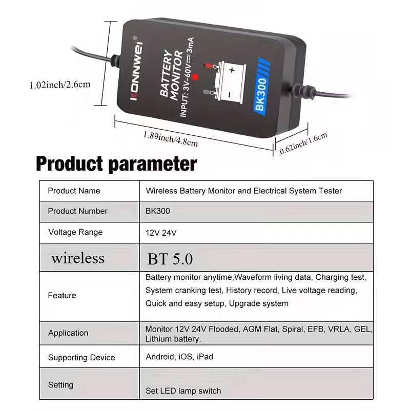 bk300 wireless 5 0 battery monitor 12v 24v car lead acid battery r with start charging test reverse protection usb abs material for ios battery battery without battery Product details 2