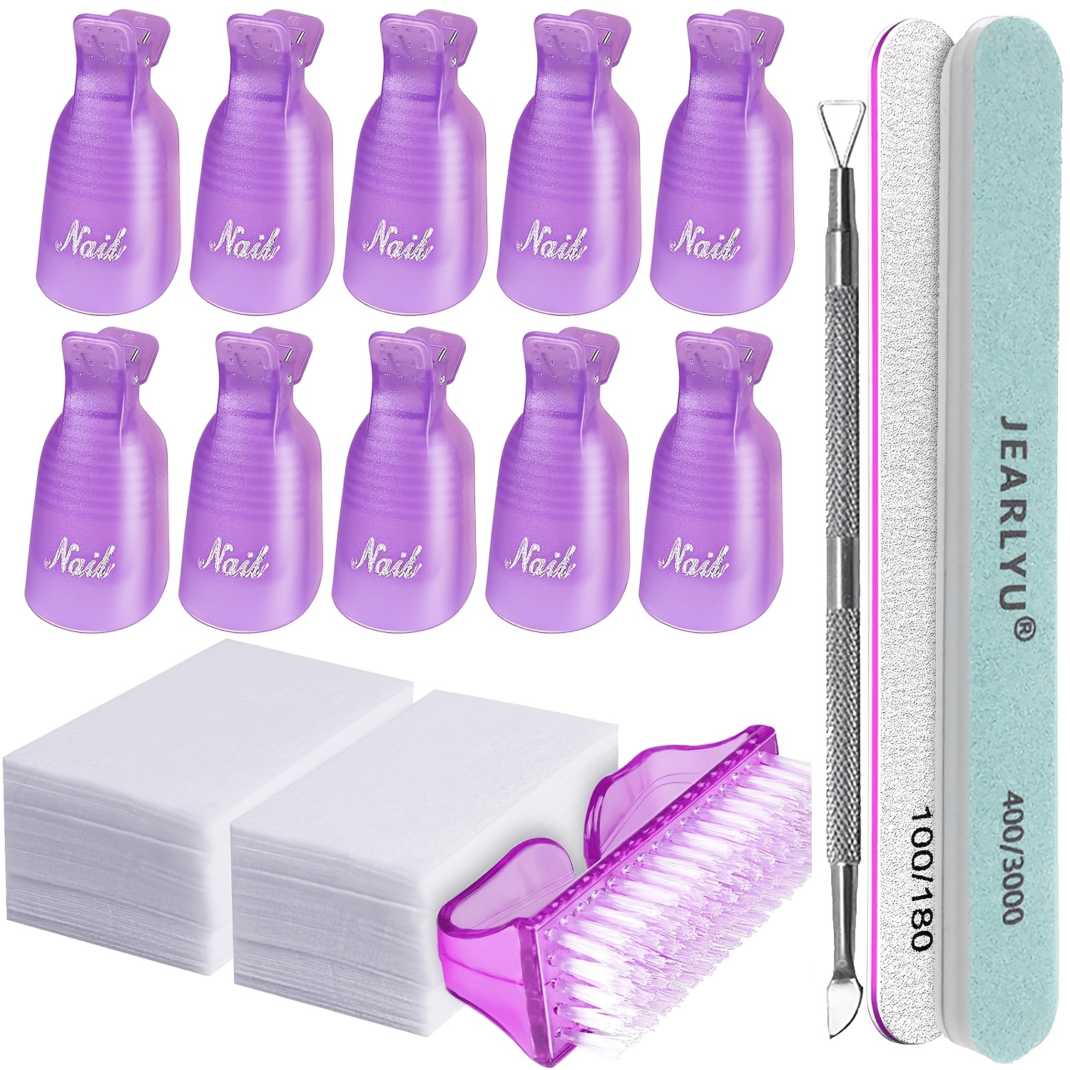 TEMU Gel-Nagellackentferner-Set mit 10 Nagellackentferner-Clips, 100 Kappen, Nageltücher, Nagelschaber, Nagelfeilen Polierbüschel-Buchsen