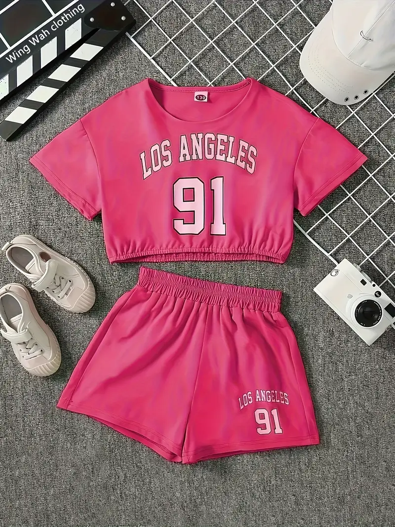girls los angeles 91 graphic t shirt shorts set black Temu Pakistan
