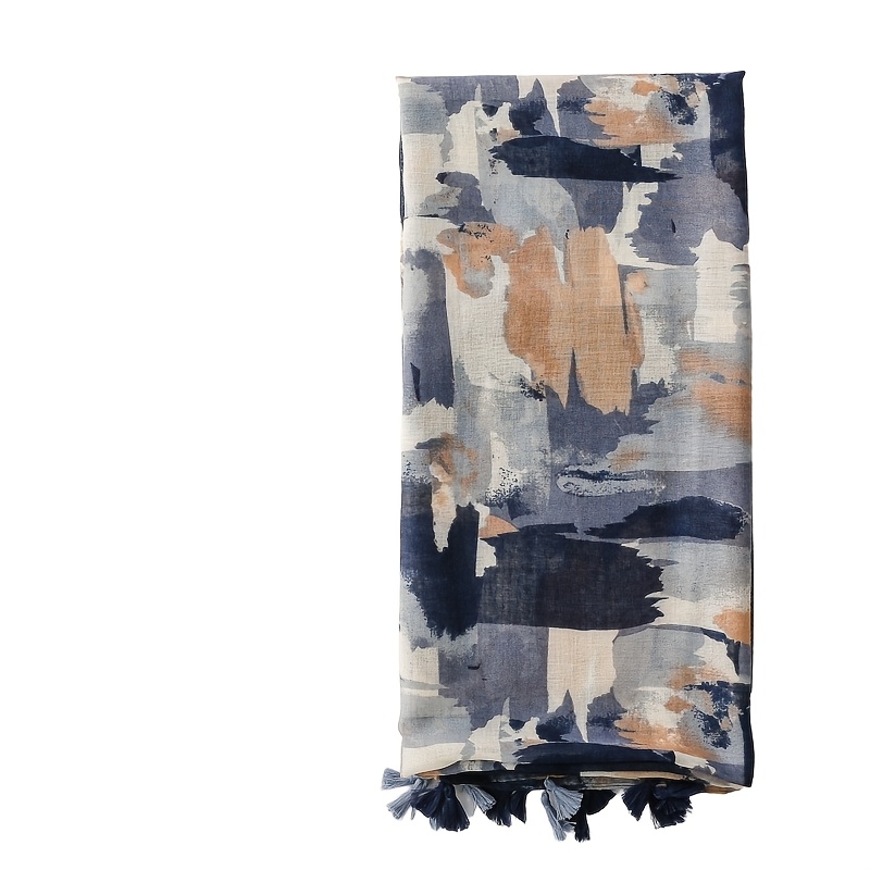 Women's Vintage Chinese Ink Wash Scarf - Watercolor Fringe Shawl & Neck Wrap, Warm Non-Stretch Collar for Autumn Winter, Elegant Accessory Suitable for Casual Outfits, Hand Washable Retro Print Scarves