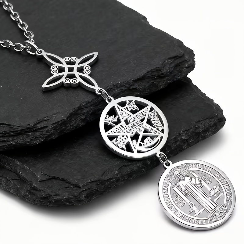 TEMU 1pc Necklace - 316 Steel Catholic And Jewish Spiritual Amulet With St. Benedict Medal, 's Knot, Hypoallergenic And Anti-tarnish Pentagram And