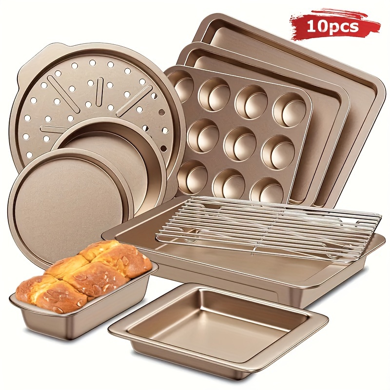 TEMU Set Of 10 Baking Pans - Premium Carbon Steel Bakeware Collection With , Muffin Tray, Roasting Dish, Cake Tin, Baking Tray, And Pizza Pan - To Clean