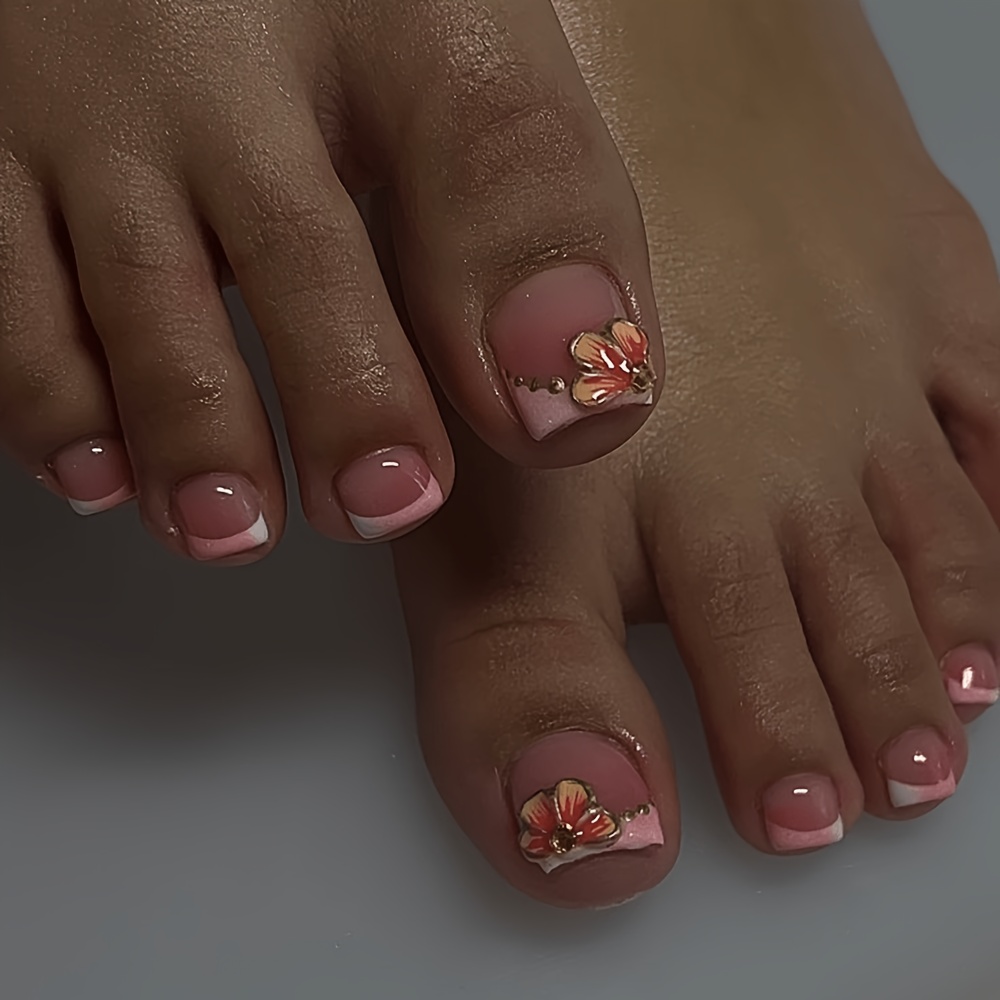 TEMU 24 faux ongles d'été, nouveau style, rose et blanc, motif floral 3D, faux ongles détachables, frais et nail art, courtes pointes d'ongles à