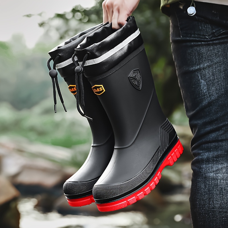 *'s High Quality Slip-On *-Calf Rain Boots Elastic Sides, PVC Lined  Rubber Sole for Black with Red Accents Ideal for Urban