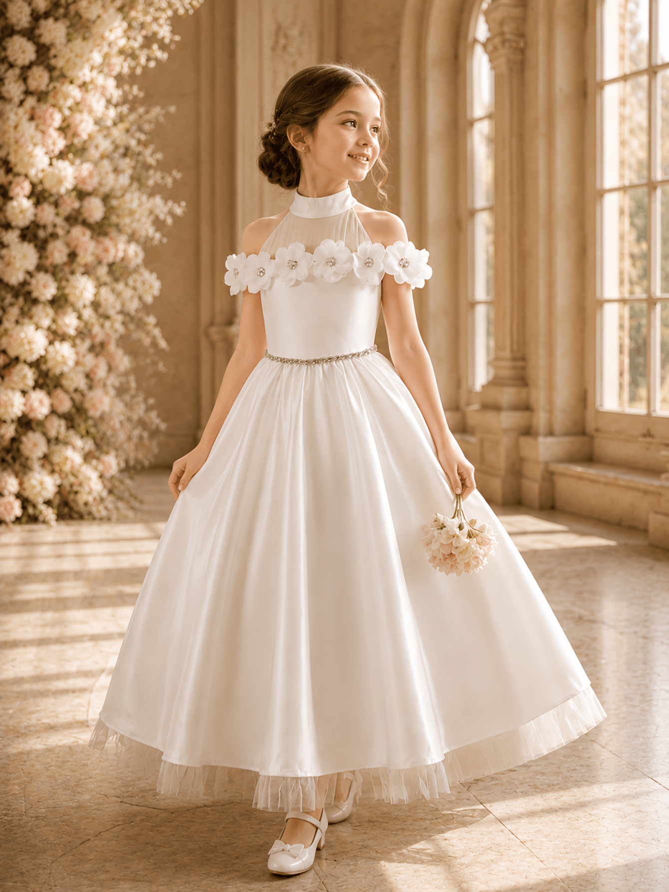 girls white graduation dress for 5th graders Prom Formal Occasion Dress White Long Dress Tulle Lace Prom Dress Daytime Wedding Guest Dress