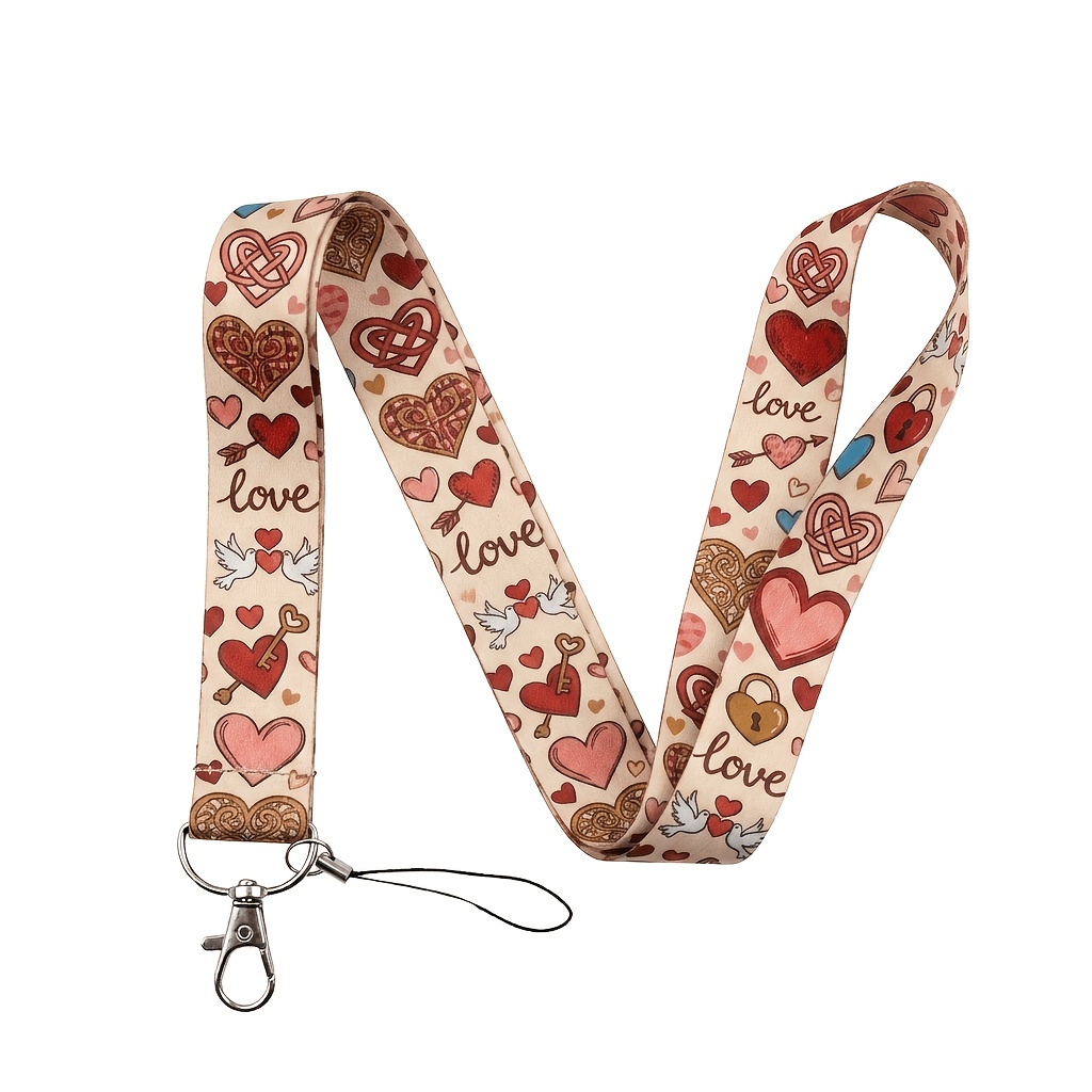 TEMU Porte-badge de clés avec lanière 2D 1 cœur - Sangle de cou en nylon, convient pour clés, portefeuilles, téléphones et badges d'identification -