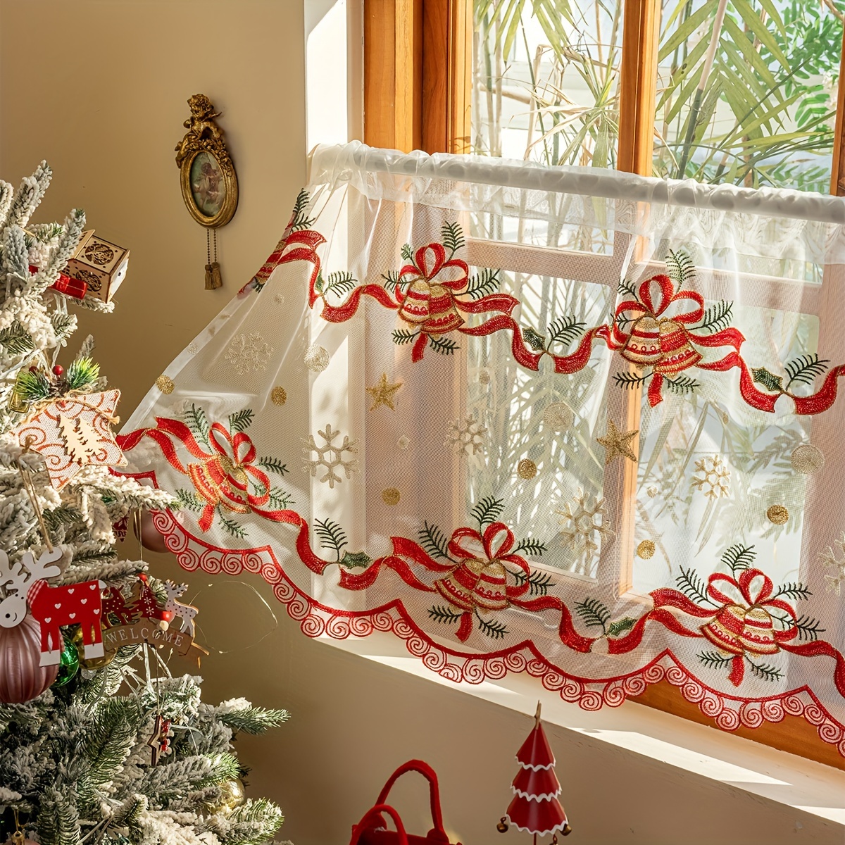 TEMU Rideau Transparent avec Cloche de Noël Brodée & Nœud - Design à Passant pour une Suspension Facile, Parfait pour , et la Décoration Festive