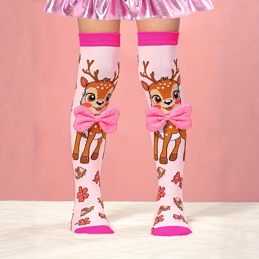 Een Paar 'Over-de-Knie Sokken, Roze met Cartoon Hertenpatronen, Met een Grote Strik en Bloemmotieven - Schattige stijl Perfect voor Vakantiegaven