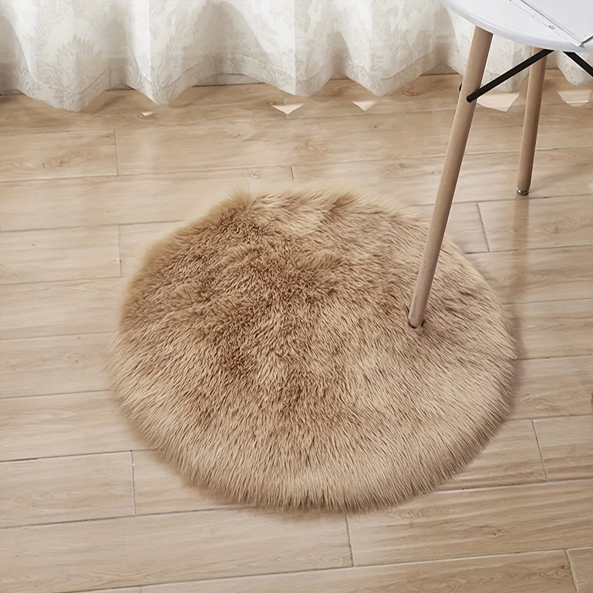 Image of A Modern White Plush Small Round Chair Blanket Photo Decoration Computer Chair Furry Pad Bedroom Imitation Wool Bedside Blanket Imitation Wool- Khaki Small Round