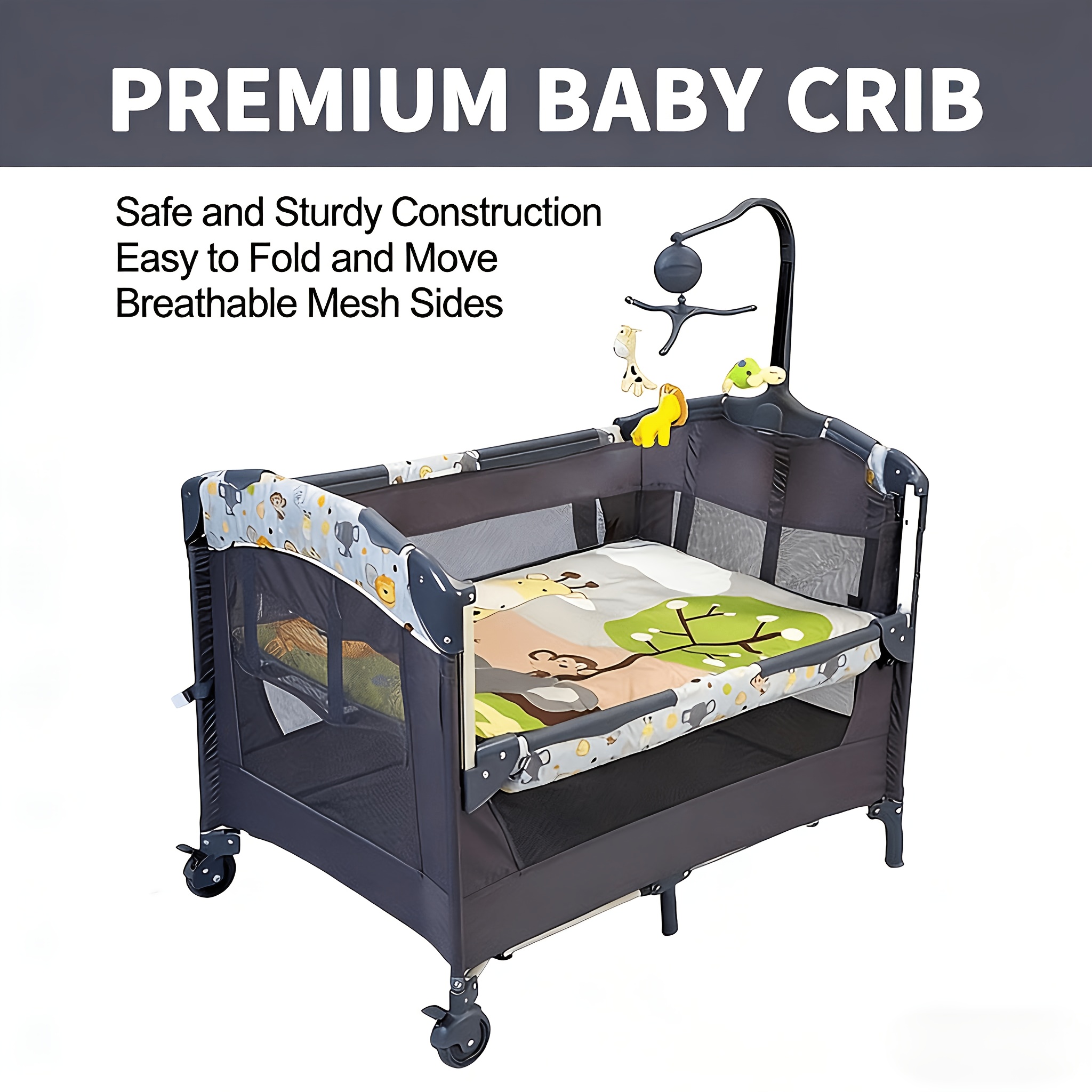 Multifunctional Foldable Baby Crib with Wheels, Movable and Connectable to a Large Bed, Equipped with Storage Bag and Bed Bell, Breathable Mesh Design, Suitable for Both Baby Sleeping and Play, Suitable for Newborns to Toddlers
