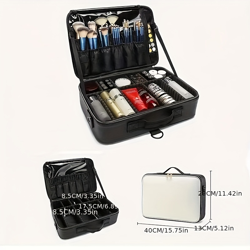 TEMU Large Capacity Waterproof Cosmetic Organizer Bag With Adjustable Compartments - Travel Makeup Case For Brushes, Eyeshadow Palettes & , Portable
