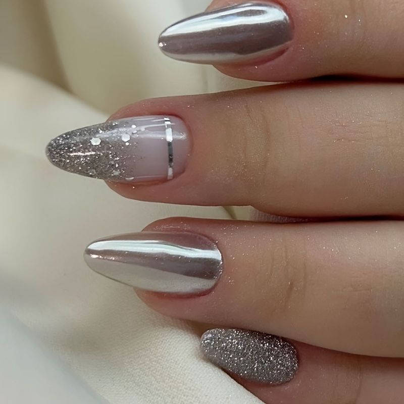 TEMU Press On Short Square Acrylic Fake Nails With Apricot Design - Full Cover Glossy Nude Glue On Artificial Stick On Nails For Women 24pcs (silvery
