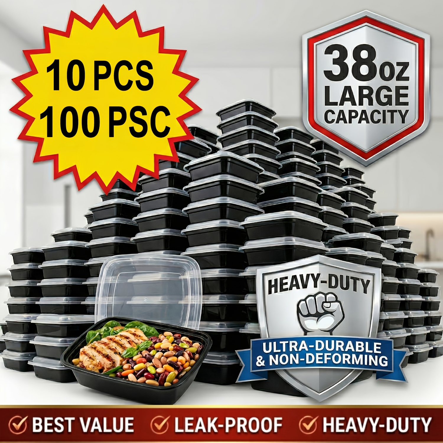 10 100pcs 5 50 containers 5 50 lids 38oz black rectangular meal prep containers plastic food storage container disposable bento box lunch box kitchen organizers and storage accessories microwave dishwasher freezer safe local warehouse