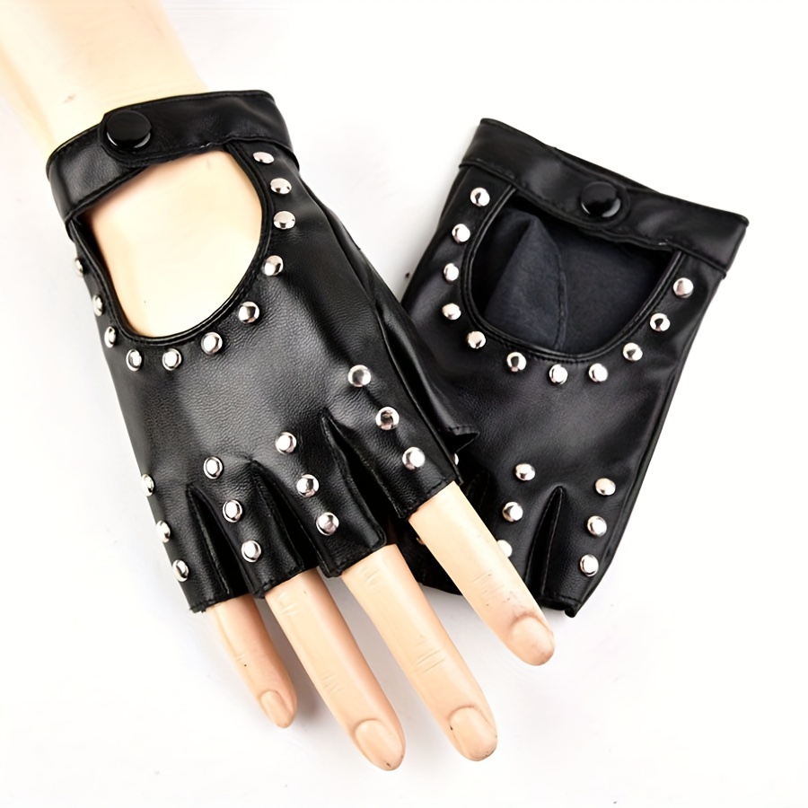 TEMU 1 Pair Trendy Fingerless Gloves, Rivet Studded Hollow Out , Short Half-finger Hip Hop Driving Gloves For Women