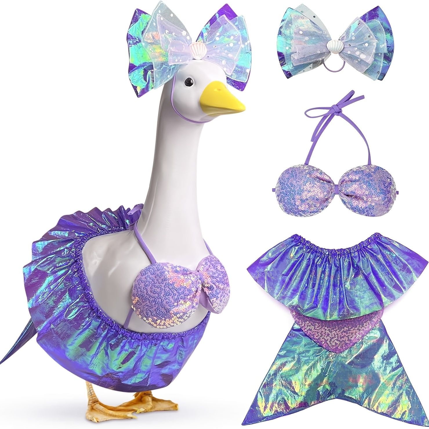 TEMU 3pcs Mermaid Porch Goose Outfit, Fits 23-inch Porch Goose. Summer Bikini Mermaid Tail With Bow Headband Set. Ideal For Garden And Lawn Goose