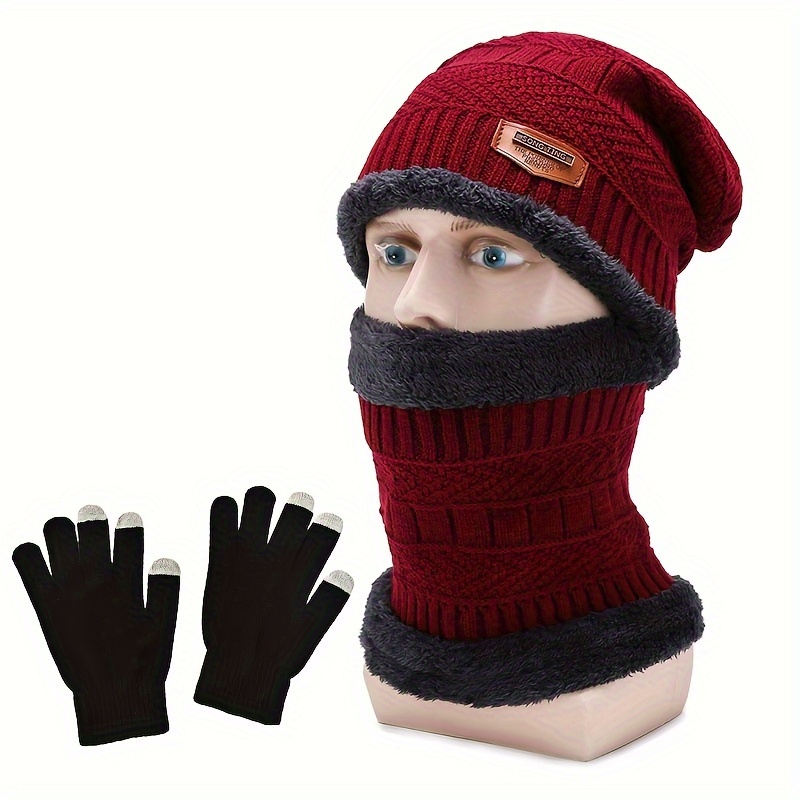 TEMU Winter Knit Hat, Scarf, And Touchscreen Gloves Set For Men - 3 Piece Casual Style Cold Weather Accessories, 100% Weaving