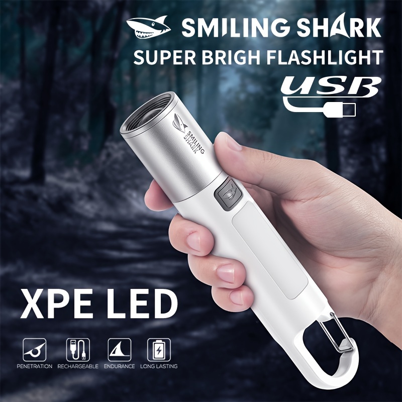 

Smiling Shark Mini Led Flashlight - Usb Rechargeable, & Portable With Power Bank , Strong , Includes Hook For Camping, Hiking & Emergencies