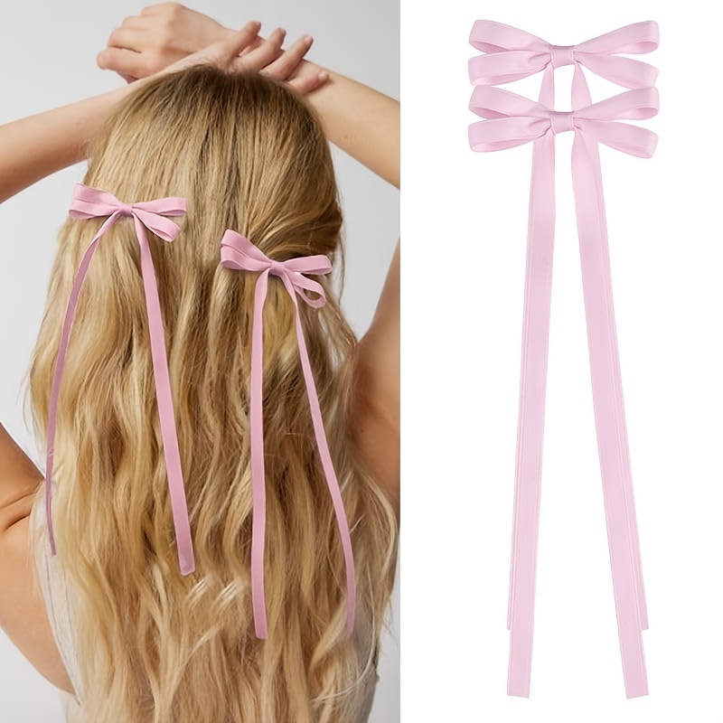 2pcs Long Ribbon Bow Hair Clips for Women, Elegant Barrettes