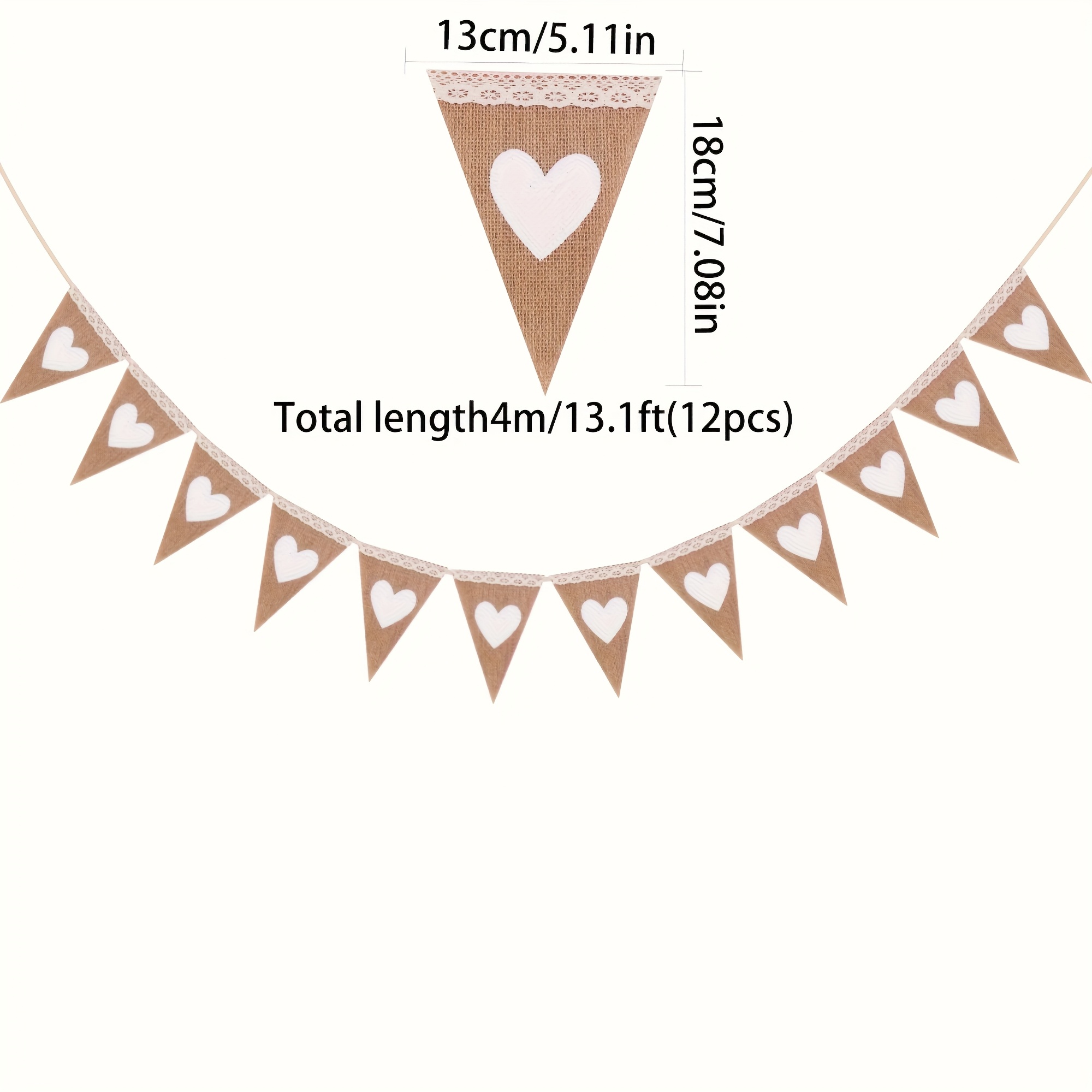 Image of 12pcs Wedding Burlap Banners Triangle Flags Wreath Garland Heart-shaped Burlap Fabric Triangles Country Yellow Jute Banner Decor Bridal Party Supplies Lace
