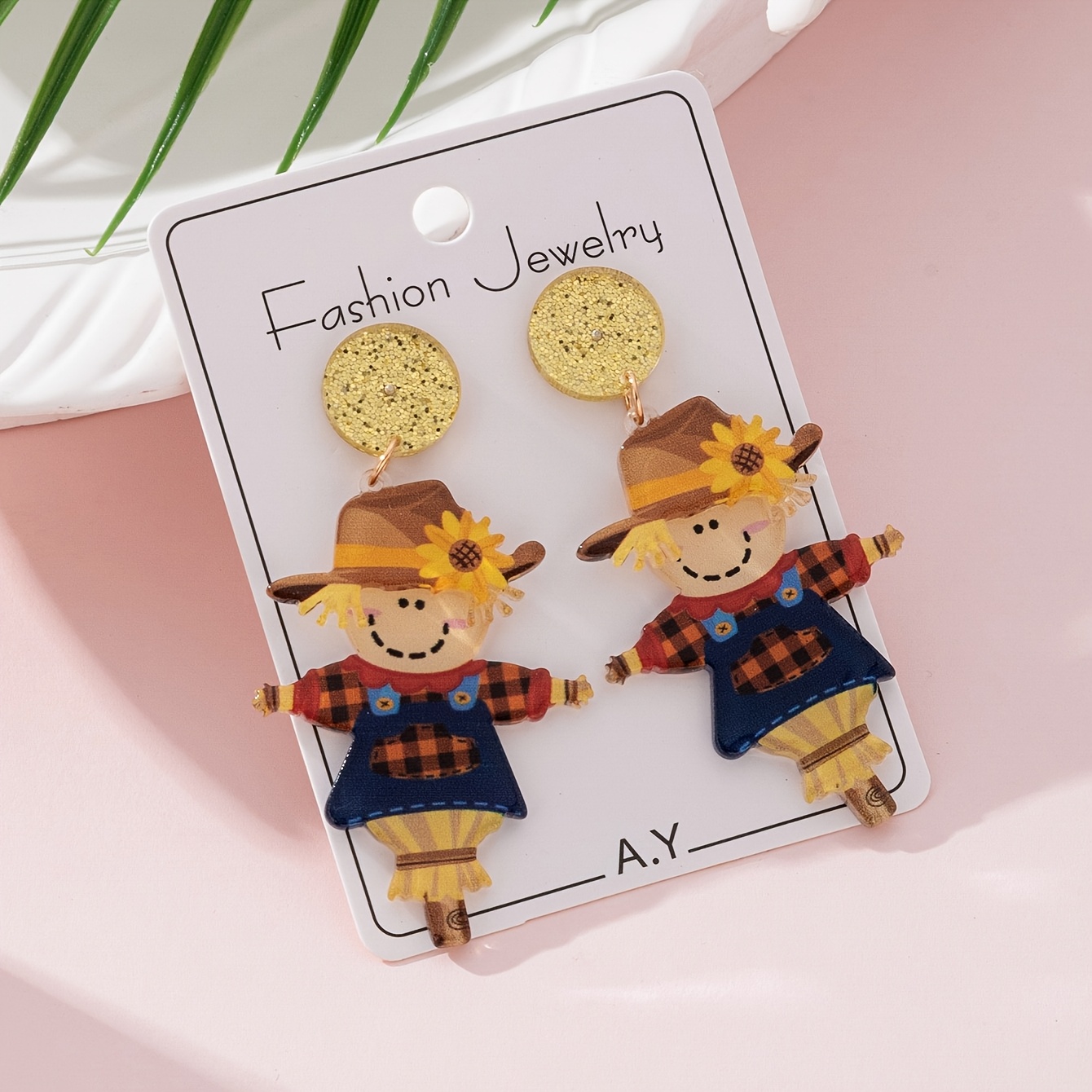 TEMU 1 paire de boucles d'oreilles pendantes tendance pour femme, motif épouvantail patchwork pour Thanksgiving, l'accessoire parfait pour les fêtes