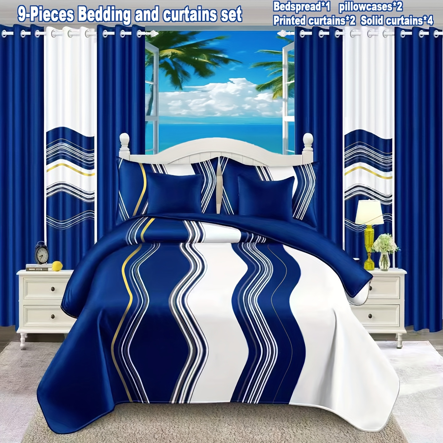 summer   and curtains set 9pcs     bedspread 2 pillowcases 4 solid color curtains 2 printed curtains suitable for   ideal as a gift for friends   holiday gift suitable for rv bedroom decoration apartment decoration light beige friendly and breathable with gift wrapping mens bedding couples bedding curtain set Product details 0