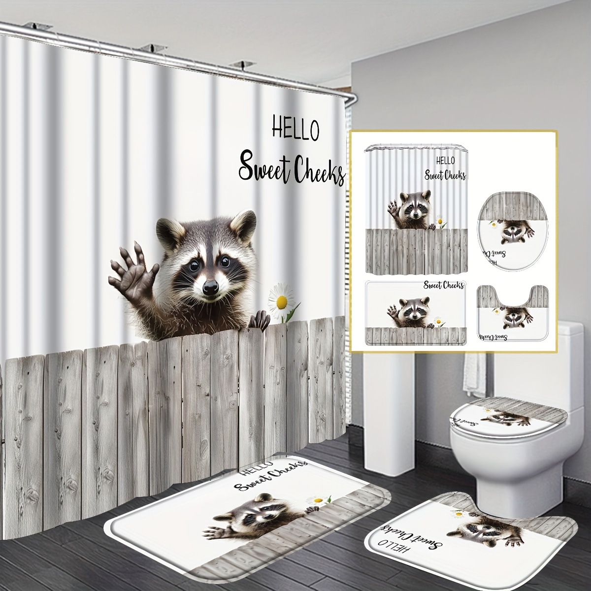 TEMU 4pcs Funny Raccoon Shower Curtain Set, Black & White Animal Fence, Hilarious Cute Vintage Modern Bathroom Set With 12 Hooks, Non-slip Rugs,