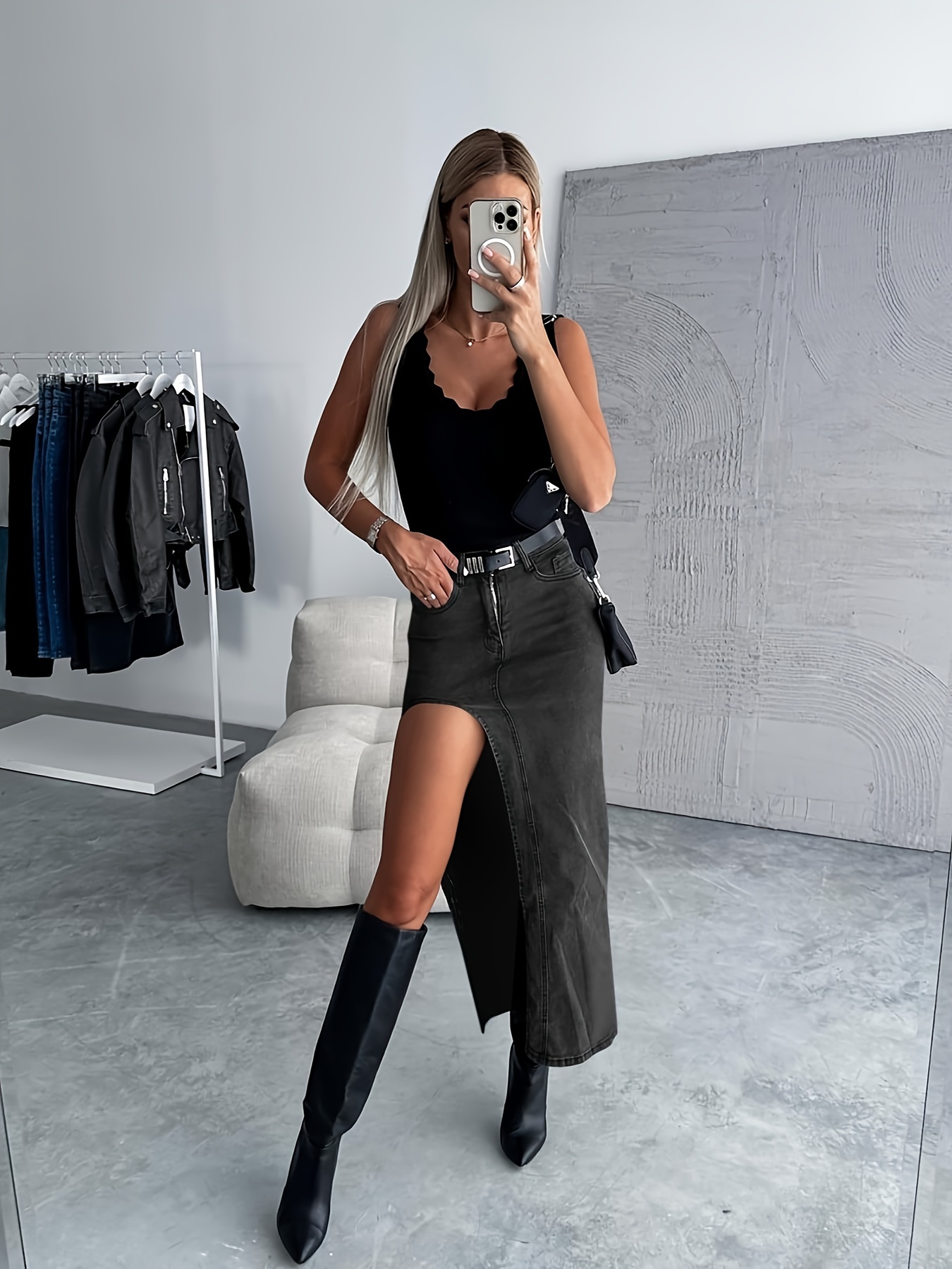 Fashion Jean Skirt Zipper In Front High Waist Denim Skirt With