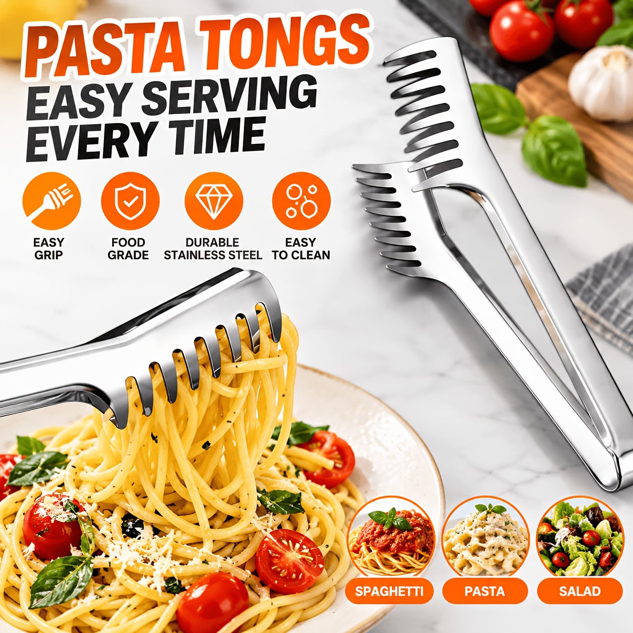 TEMU Stainless Steel Large Pasta Tongs, Comb-tooth Noodle Tongs, Noodle Serving Tongs, Heat-resistant Food Tongs, Kitchen Pasta And Vermicelli Tongs,