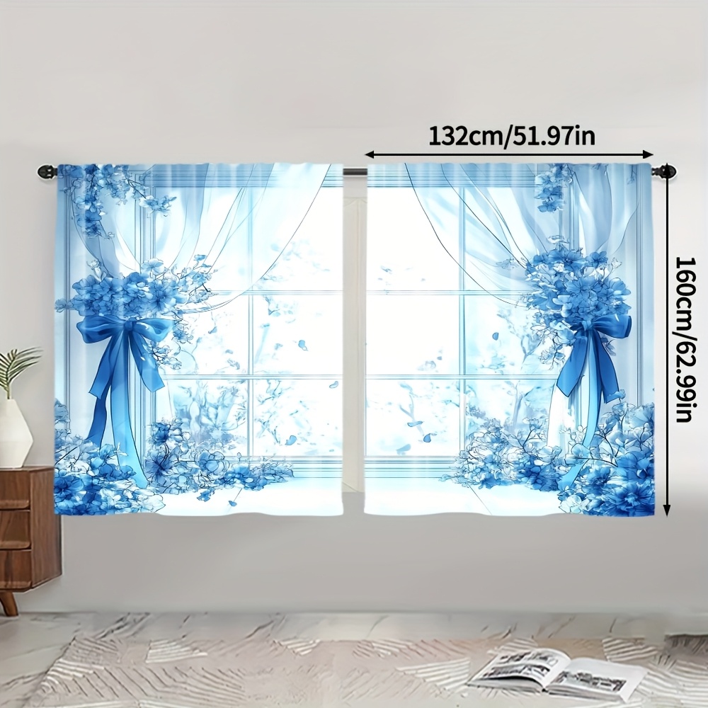 TEMU 2 Stück Blaue Blumenmuster Vorhänge – Halbtransparente Fenstervorhänge mit eleganter Lichtfilterung & natürlicher Beleuchtung, Stangenhalter für