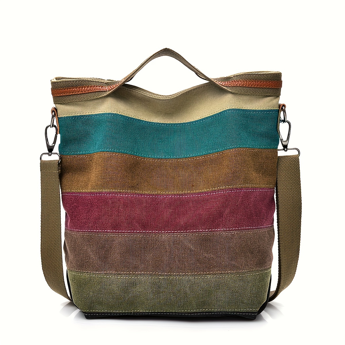 

Vintage Colorful Striped Tote Bag, Large Capacity Canvas Shoulder Bag, Women's Casual Crossbody & Handbag