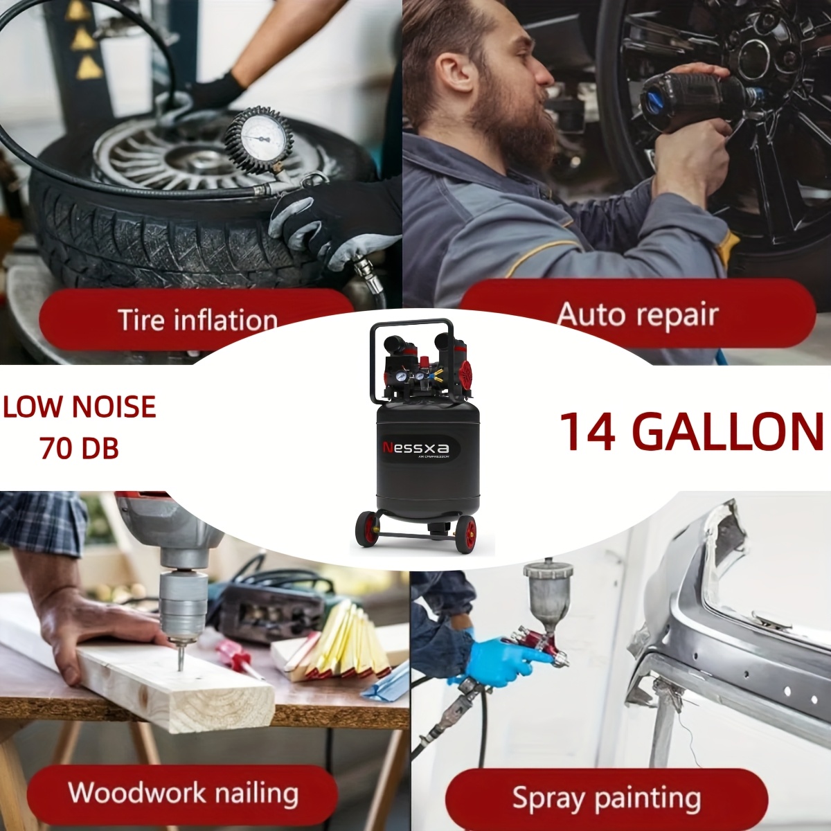 TEMU For Father's Day Gift - 14 Gallon - 110v/60hz - Pressure Quiet Air Compressor With 2 Quick Couplers 2hp 8.75 Cfm, Max 115 Psi Oil-free Air