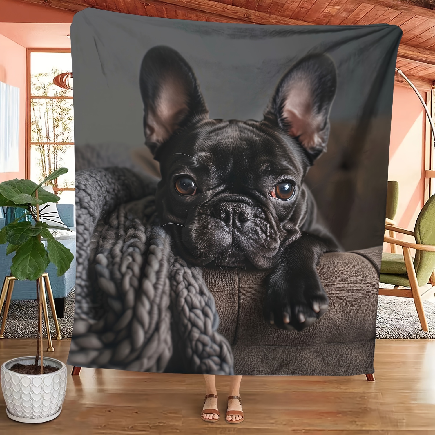 

Style Knitted Polyester Throw Blanket - Animal Theme French Bulldog Print All-season Cozy Flannel - Unique Pet Lovers Gift