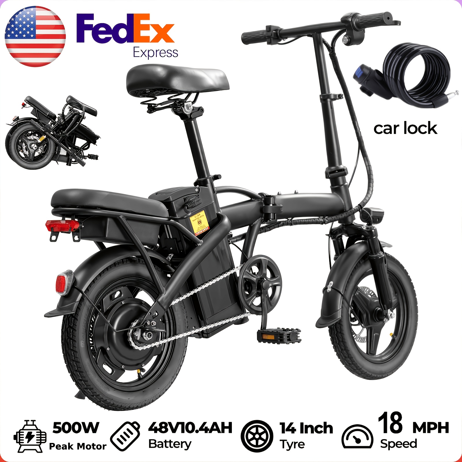 14 Inch Folding Electric Bike with 500W Motor, Portable Commuter Bicycle, Speeds 15-24 MPH