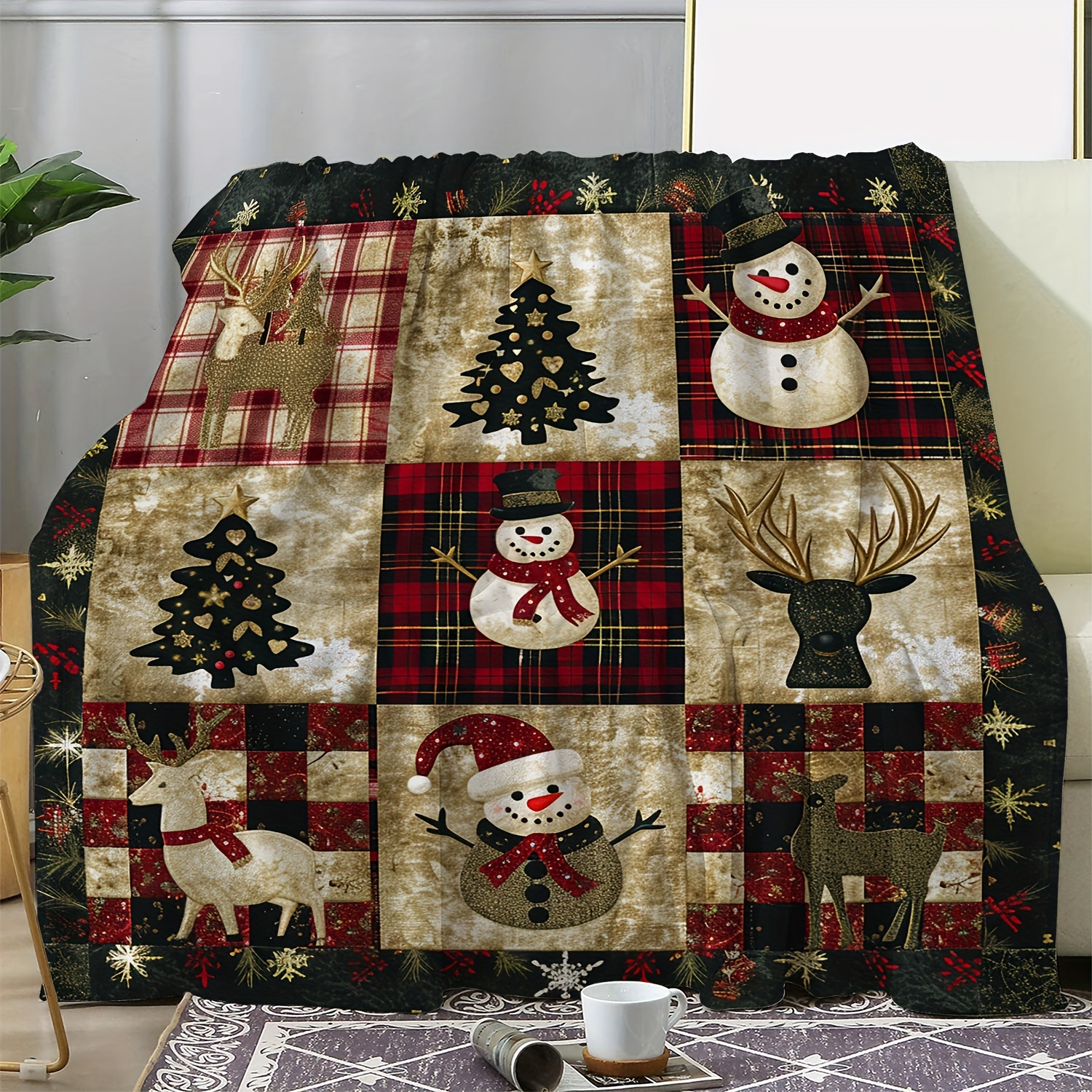 

Vintage Christmas Throw Blanket - Snowman, Reindeer & Tree Print, Soft Flannel Fleece, Multipurpose For Sofa, Bed, Office, Travel, All-season Cozy Comfort, Digital Print Polyester, Gift-ready