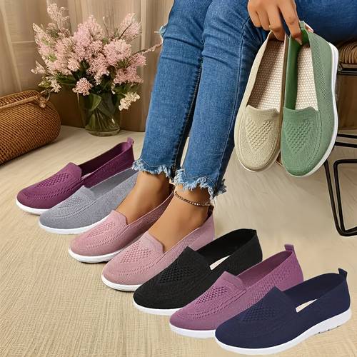 lightweight and breathable womens knitted flats breathable low shoes slip on lightweight soft sole hollow out walking shoes