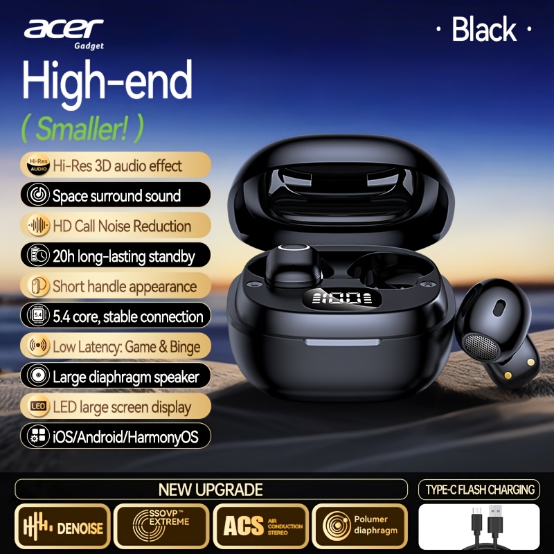 Image of [acer 2025 New Model] Tws Wireless Headphones, Heavy Stereo + Call Noise Reduction, Ultra-long , Sports Running Half-in-ear Style, Low Latency , Hifi Sound, Lightweight , Stylish Design