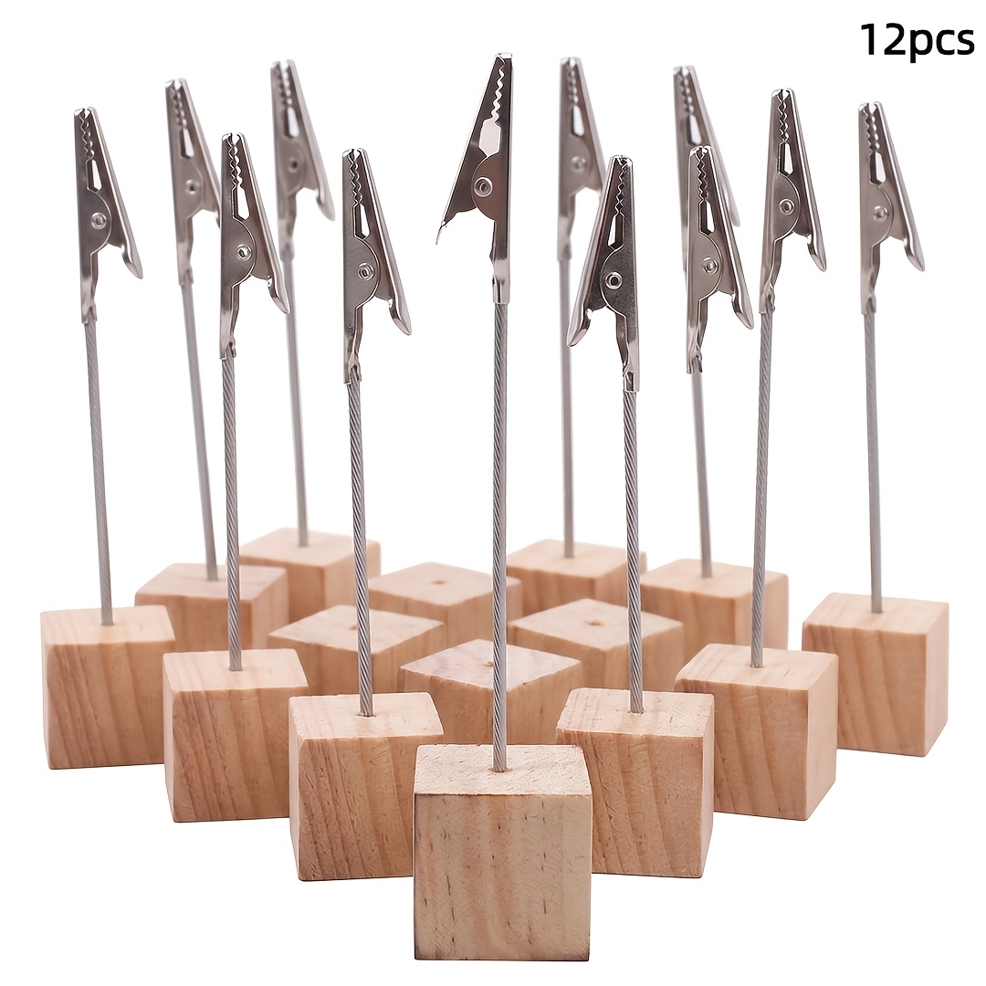 TEMU 12pcs Natural Stainless Steel Photo Clip Set, Including A Wooden Base (for Memo Clips) And An Alligator Clip Photo