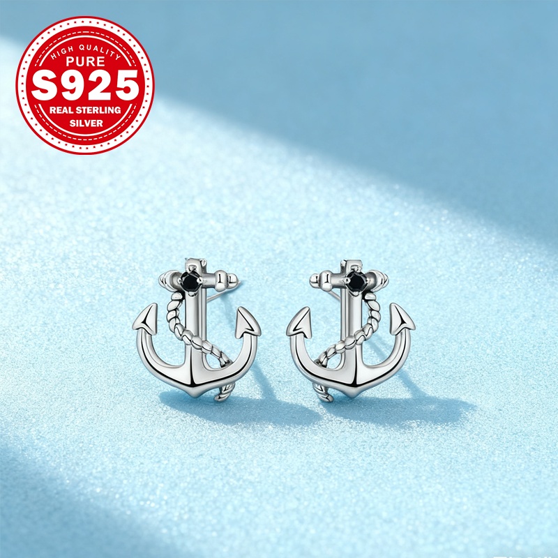 Women's S925 Silver Anchor Stud Earrings with Zirconia Accents